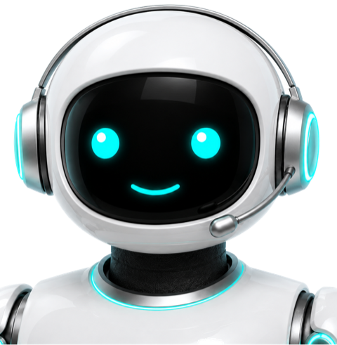 Mia, our friendly AI assistant, wearing a headset
